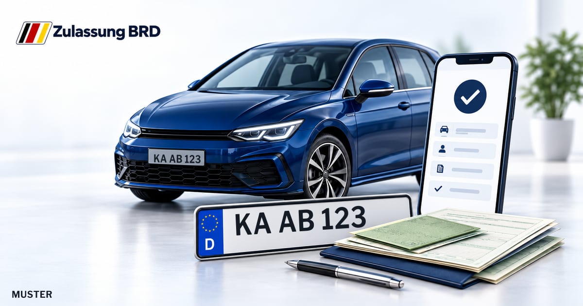 Online Fahrzeugzulassung in Malsch: Musterkennzeichen KA AB 123, Auto und Fahrzeugpapiere und Smartphone. Illustration mit Logo von Zulassung BRD.